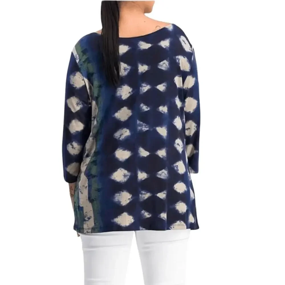 Clara Sunwoo Blue Geometric Patterned Silky Stretch Knit Tunic Top